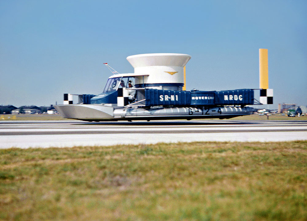 An SRN1 hovercraft flying along Farnborough runway