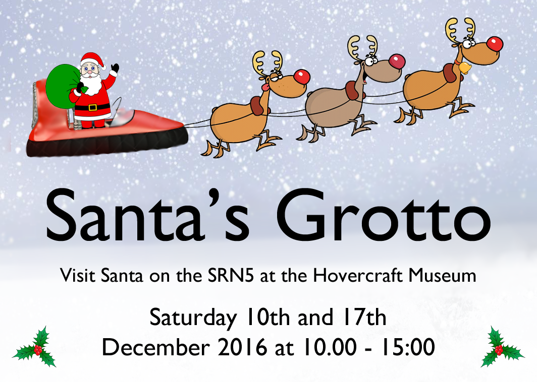 A red hovercraft being pulled by three reindeer.  Shows opening times for Santa's Grotto 2016 at the Hovercraft Museum (10th & 17th December 2016 10am till 3pm).